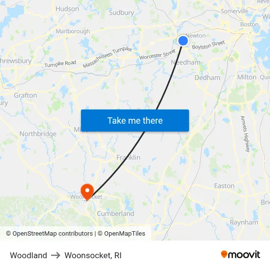 Woodland to Woonsocket, RI map