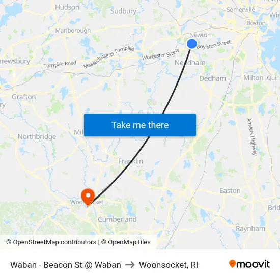 Waban - Beacon St @ Waban to Woonsocket, RI map