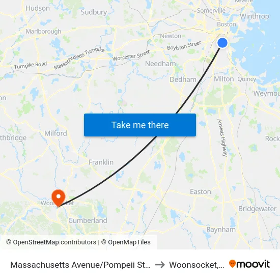 Massachusetts Avenue/Pompeii Street to Woonsocket, RI map