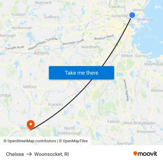 Chelsea to Woonsocket, RI map