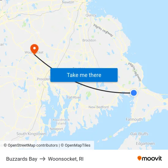 Buzzards Bay to Woonsocket, RI map