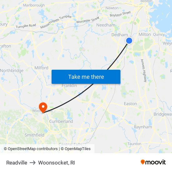Readville to Woonsocket, RI map