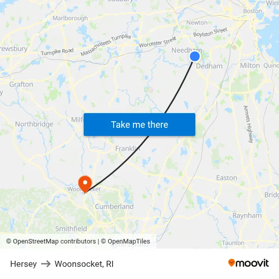 Hersey to Woonsocket, RI map