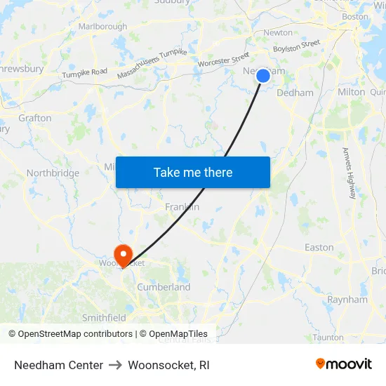 Needham Center to Woonsocket, RI map