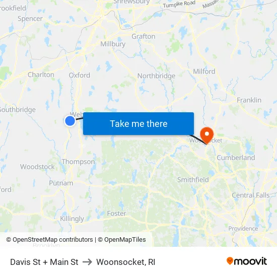 Webster Center to Woonsocket, RI map