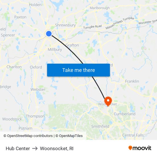 Hub Center to Woonsocket, RI map