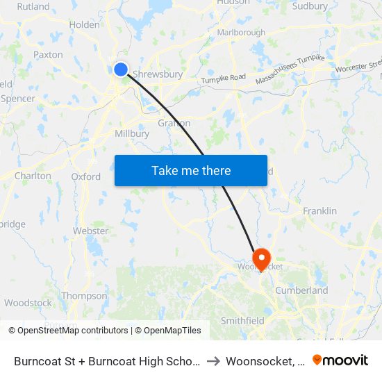 Burncoat St + Burncoat High School to Woonsocket, RI map