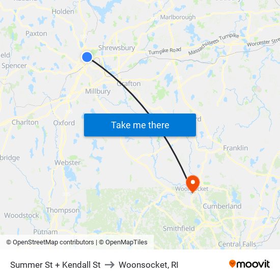 Summer St + Kendall St to Woonsocket, RI map