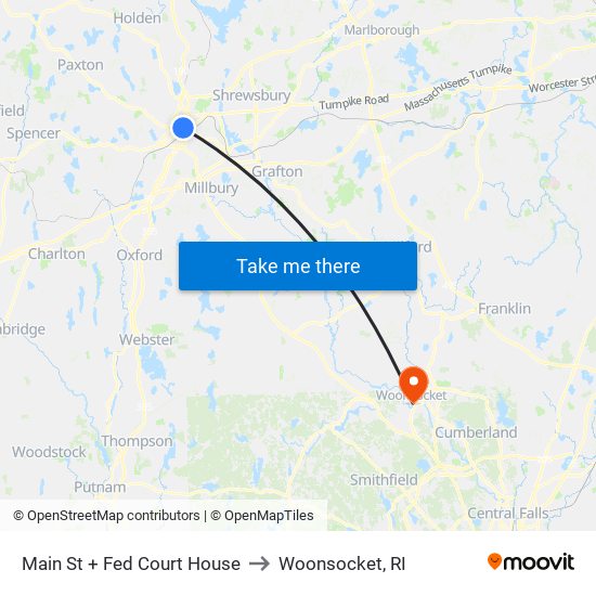 Main St + Fed Court House to Woonsocket, RI map
