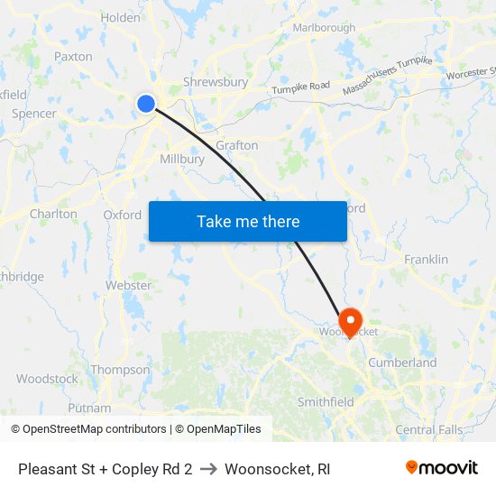 Pleasant St + Copley Rd 2 to Woonsocket, RI map