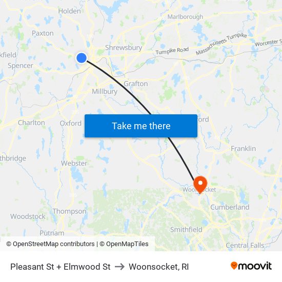 Pleasant St + Elmwood St to Woonsocket, RI map