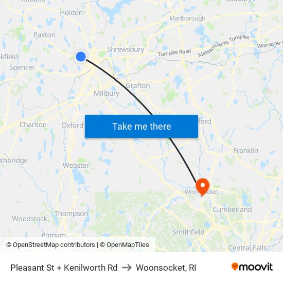 Pleasant St + Kenilworth Rd to Woonsocket, RI map