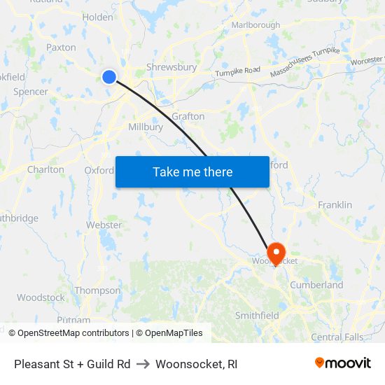Pleasant St + Guild Rd to Woonsocket, RI map
