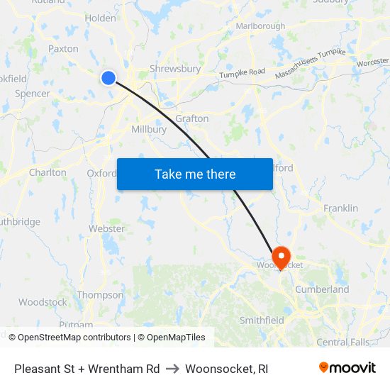 Pleasant St + Wrentham Rd to Woonsocket, RI map