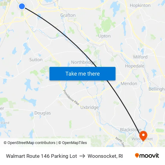 Walmart Parking Lot to Woonsocket, RI map