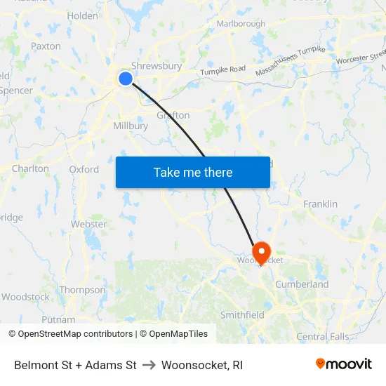 Belmont St + Adams St to Woonsocket, RI map