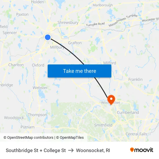 Southbridge St at College to Woonsocket, RI map