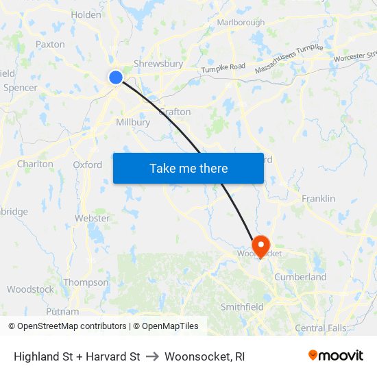 Highland St + Harvard St to Woonsocket, RI map