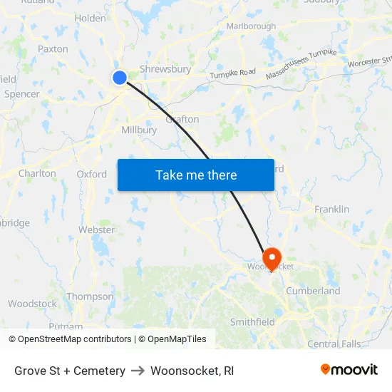 Grove St at Cemetery to Woonsocket, RI map