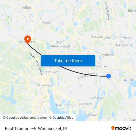 East Taunton to Woonsocket, RI map