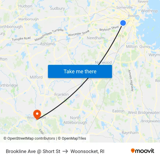 Brookline Ave @ Short St to Woonsocket, RI map