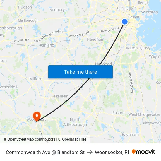 Commonwealth Ave @ Blandford St to Woonsocket, RI map