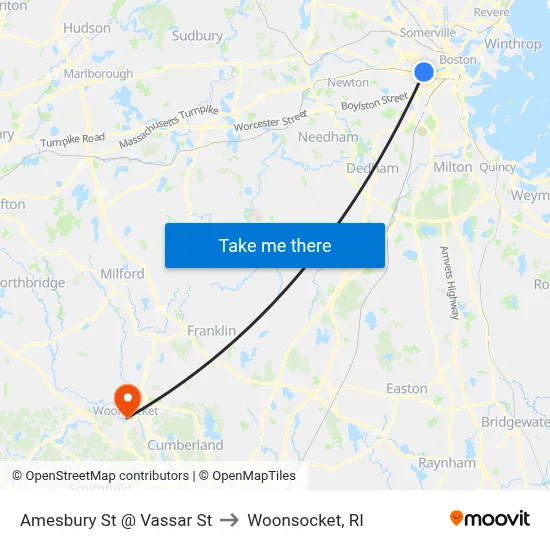 Amesbury St @ Vassar St to Woonsocket, RI map