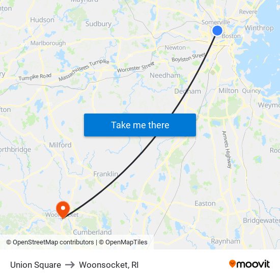 Union Square to Woonsocket, RI map