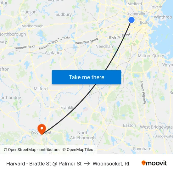 Harvard - Brattle St @ Palmer St to Woonsocket, RI map