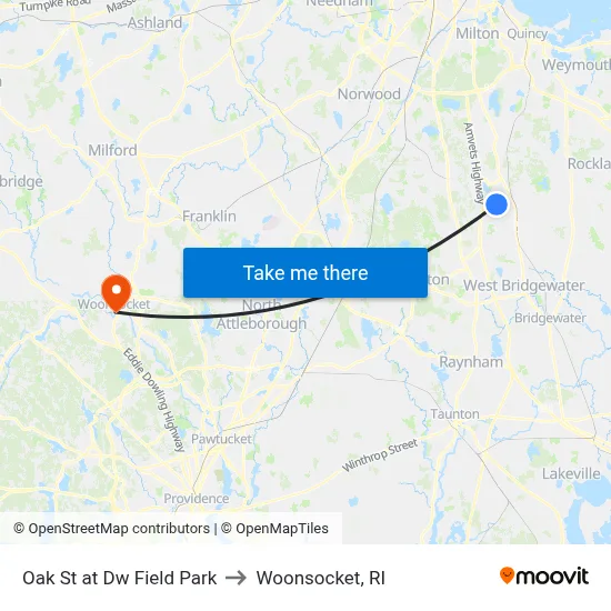 Oak St at Dw Field Park to Woonsocket, RI map