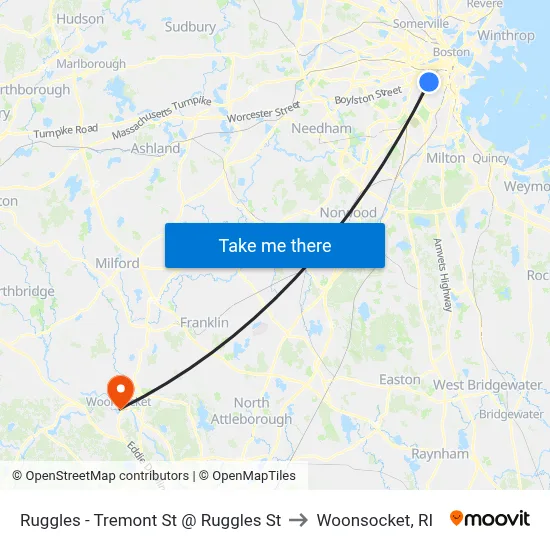 Ruggles - Tremont St @ Ruggles St to Woonsocket, RI map