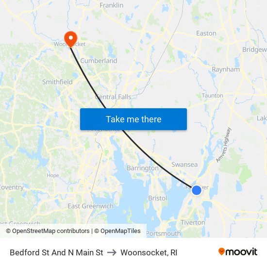Bedford St And N Main St to Woonsocket, RI map