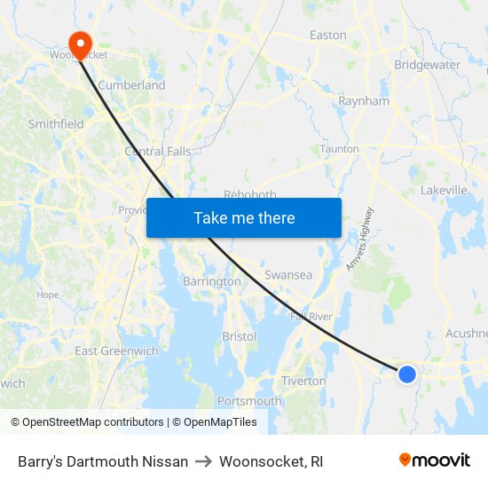 Barry's Dartmouth Nissan to Woonsocket, RI map