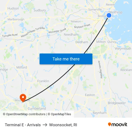 Terminal E - Arrivals to Woonsocket, RI map