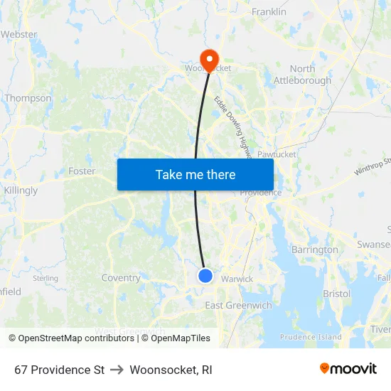 67 Providence St to Woonsocket, RI map