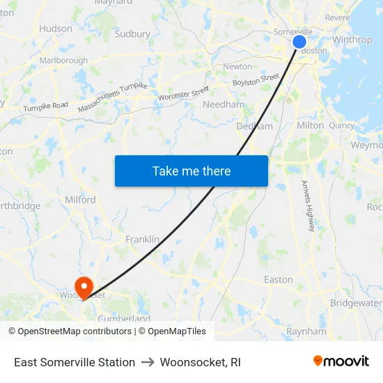 East Somerville Station to Woonsocket, RI map