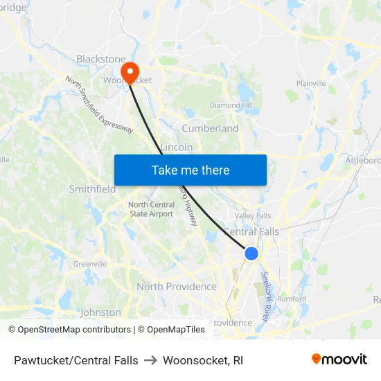 Pawtucket/Central Falls to Woonsocket, RI map