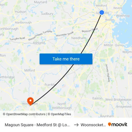 Magoun Square - Medford St @ Lowell St to Woonsocket, RI map