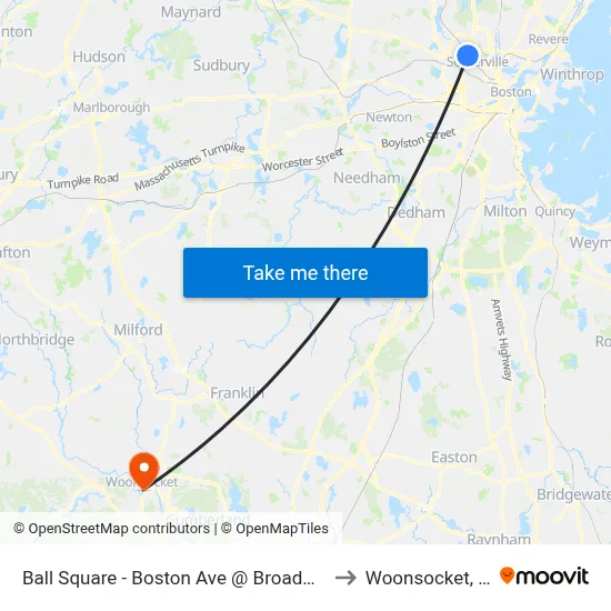 Ball Square - Boston Ave @ Broadway to Woonsocket, RI map