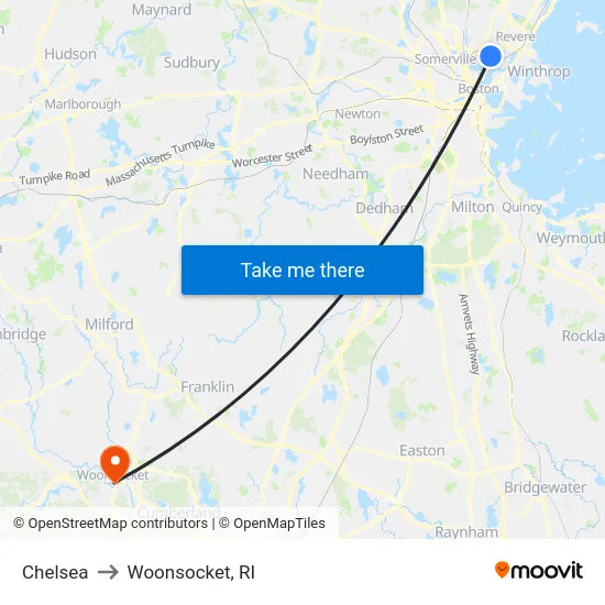 Chelsea to Woonsocket, RI map