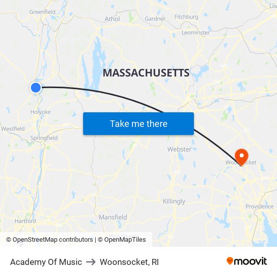 Academy Of Music to Woonsocket, RI map