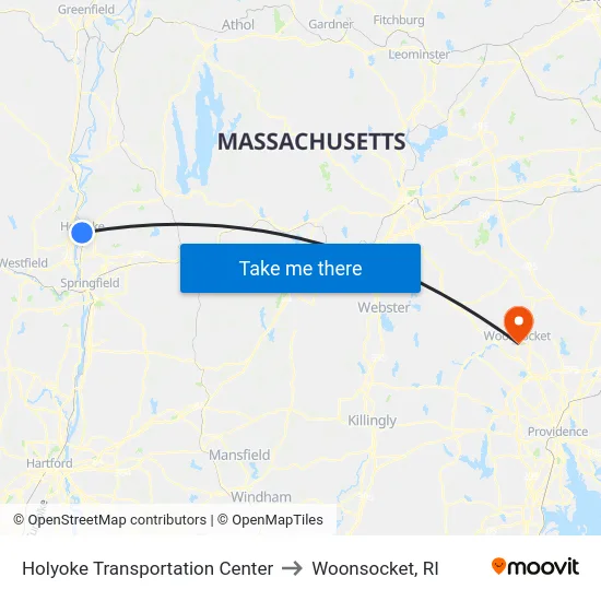 Holyoke Transportation Center to Woonsocket, RI map