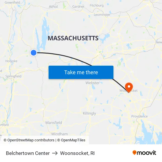 Belchertown Center to Woonsocket, RI map