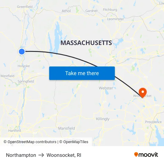 Northampton to Woonsocket, RI map