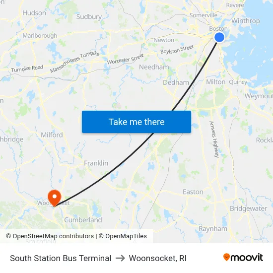 South Station Bus Terminal to Woonsocket, RI map