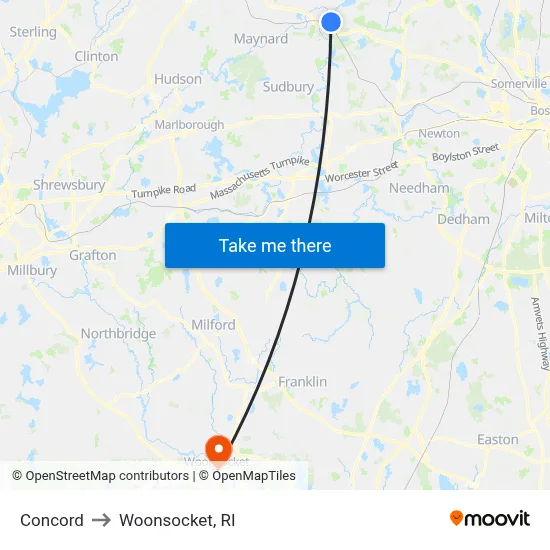 Concord to Woonsocket, RI map