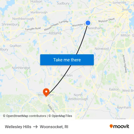 Wellesley Hills to Woonsocket, RI map