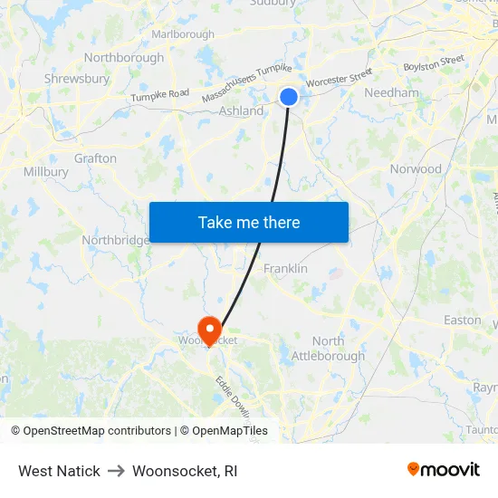 West Natick to Woonsocket, RI map