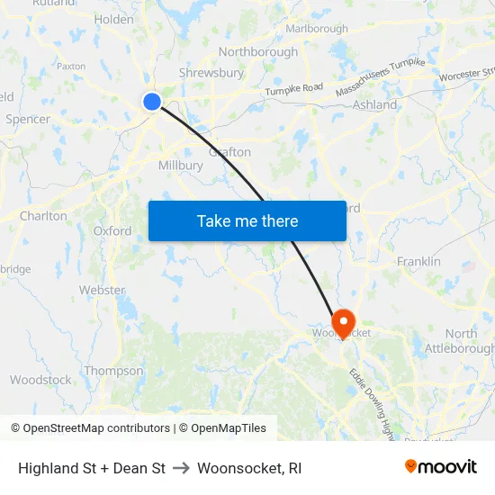 Highland St + Dean St to Woonsocket, RI map