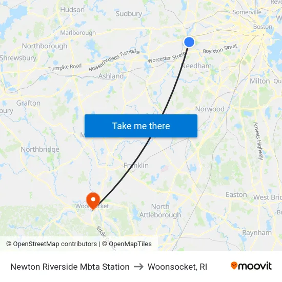 Newton Riverside Mbta Station to Woonsocket, RI map